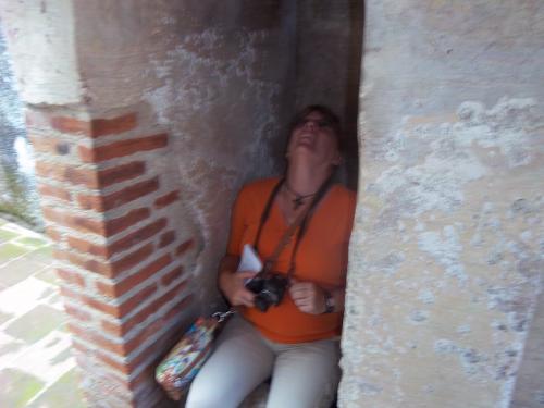 Angie testing out the sanitary system in the convent