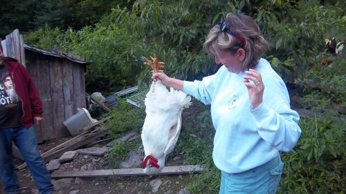 Ingrid with a rooster