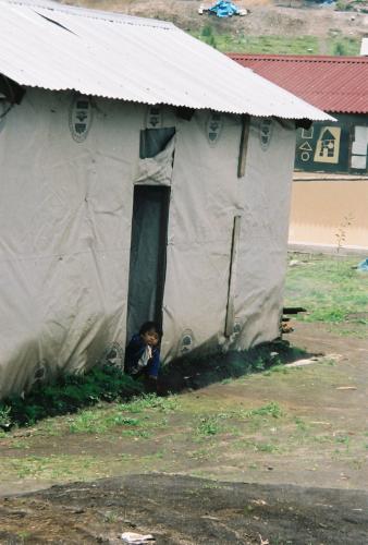 Little girl looking out of her house