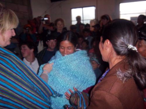 Kim with her new weaving and a village woman with her new prayer shawl.